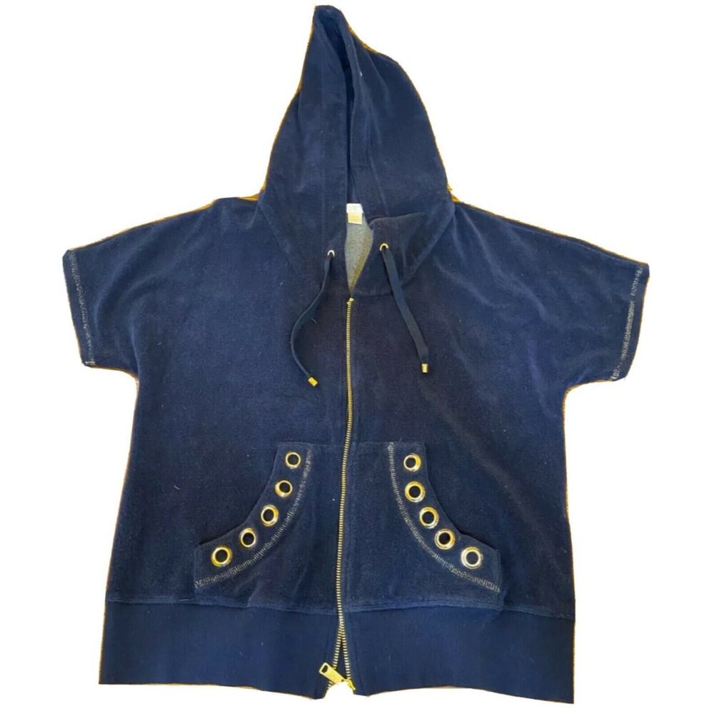 Boston Proper Womens Navy Short-Sleeve Hooded Zip-Up Jacket With Grommet Pockets